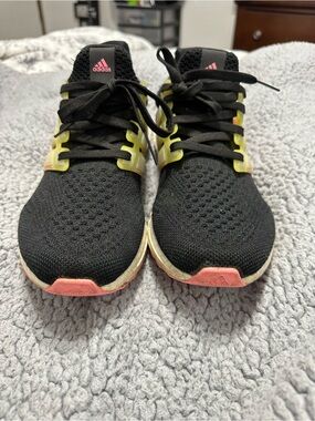 adidas Black Knit Running Shoes with Pink and Yellow Accents